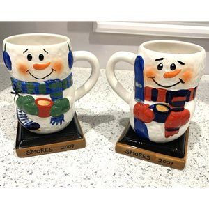 Two Hand Painted Snowmen S'mores Old 2007 Hot Chocolate Mugs Bay Island